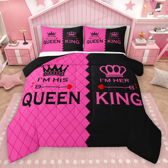 Homewish Queen And King Queen Comforter Set,Princess Crown Bedding Sets,Pink Black Bedding Comforter Set For Girl Kids,Ultra Soft Home Decor Reversible,3 Pieces