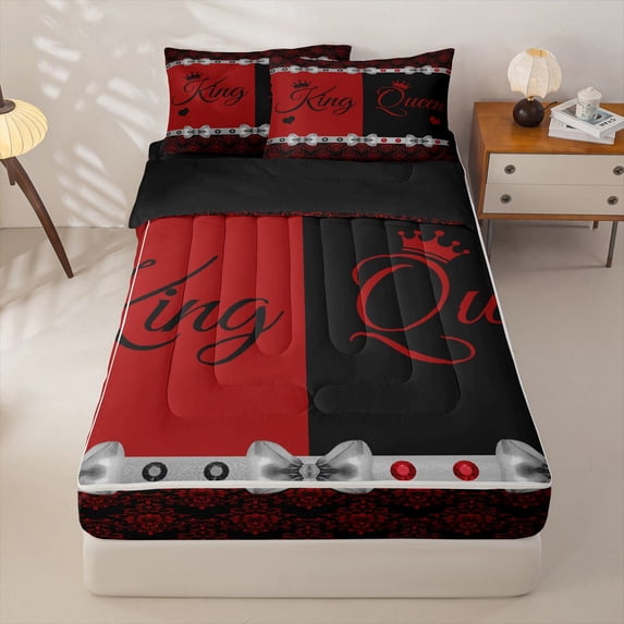 Homewish Queen And King Zipper Full Size Comforter Sets with Fitted Sheet and 2 Pillowcases,Vintage Damask Print Zipper Bedding Set For Men Omen,Red Black,Reversible,4 Pieces
