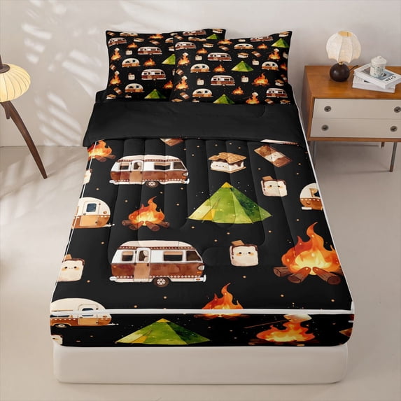 Homewish RV Trailers Camper Zipper Full Size Comforter Sets with Fitted Sheet and 2 Pillowcases,Happy Camping Zipper Bedding Set For Boys Kids,Black Reversible,4-Piece