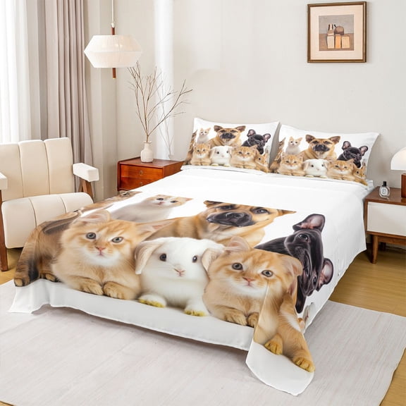 Homewish Rabbit Cat Dog 3pcs Twin Sheet Sets for Teens Female Men,Kawaii Animal Twin Fitted Sheet,Cute Pet Breathable Flat Sheet,Microfiber Bedroom Decor