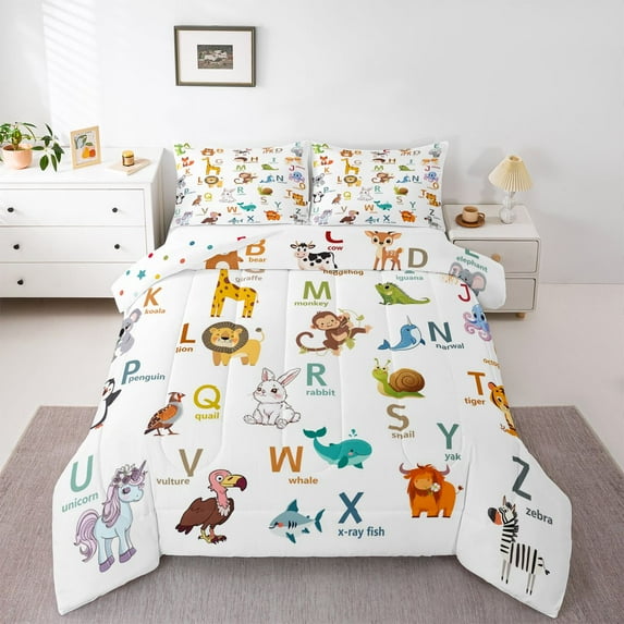 Homewish Rabbit Lion Unicorn Zebra 3-Piece Full Size Comforter Sets for Kids Children,Personalized Initial Letter Bedding Comforter Set,Cartoon Animal Lightweight Bedding Sets