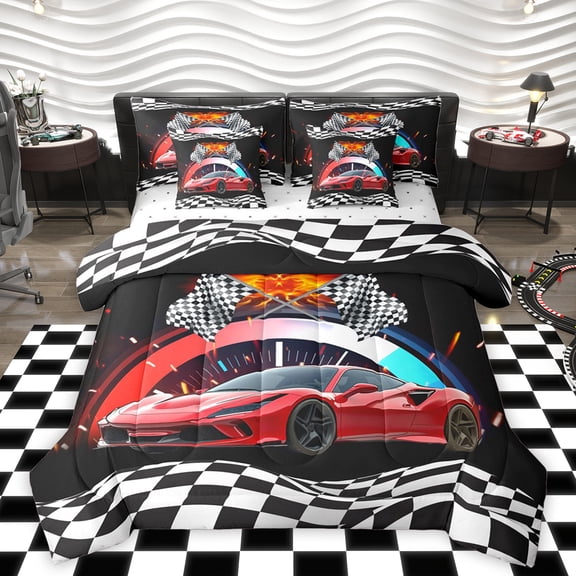 Homewish Race Car 7-Piece Twin Bedding Sets,Speed Extreme Sport Bedding Comforter Set,Classic White Black Checkered Sheet Sets For Boys,Luxury Bedroom Decor Reversible