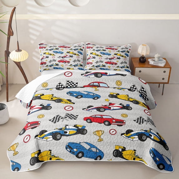Homewish Race Car Bed Spread Queen For Boys And Girls,Red Blue Yellow Checkered Flag Queen Coverlet Set,3-Piece