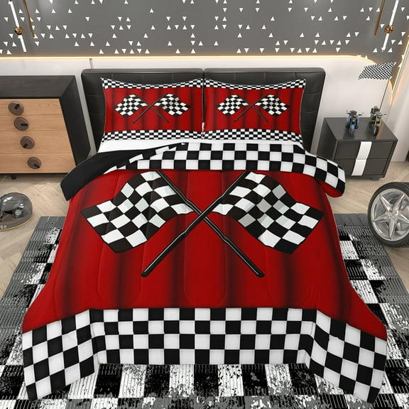 Homewish Race Car Bedding Comforter Set,Extreme Sport Twin Comforter Sets,Checkered Racing Flag Bedding Set For Boys Teens,Ultra Soft Home Decor Reversible,2pcs