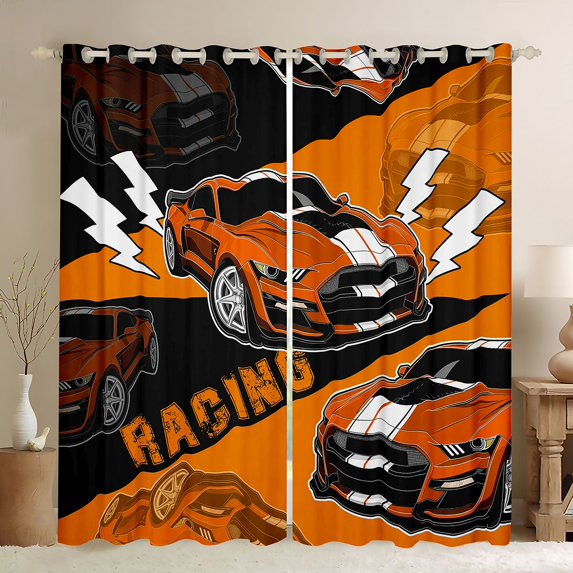 Homewish Race Car Blackout Curtains Set of 2 (52x84 Each),Extreme Sport Window Curtains,Orange Black Curtains and Drapes For Boys Kids,Breathable Home Decor
