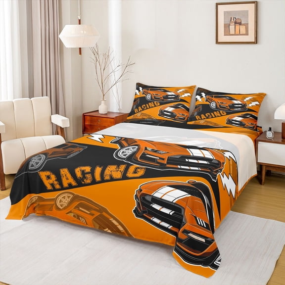 Homewish Race Car Queen Sheet Sets,Extreme Sport Flat Sheet,Orange Black Queen Fitted Sheet For Boys Kids,Breathable Home Decor,4pcs