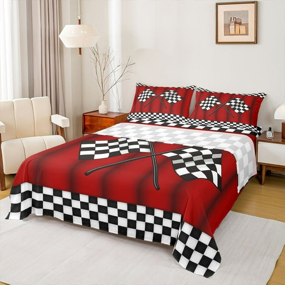 Homewish Race Car Twin Sheet Sets,Extreme Sport Twin Fitted Sheet,Checkered Racing Flag Flat Sheet For Boys Teens,Ultra Soft Home Decor,3pcs