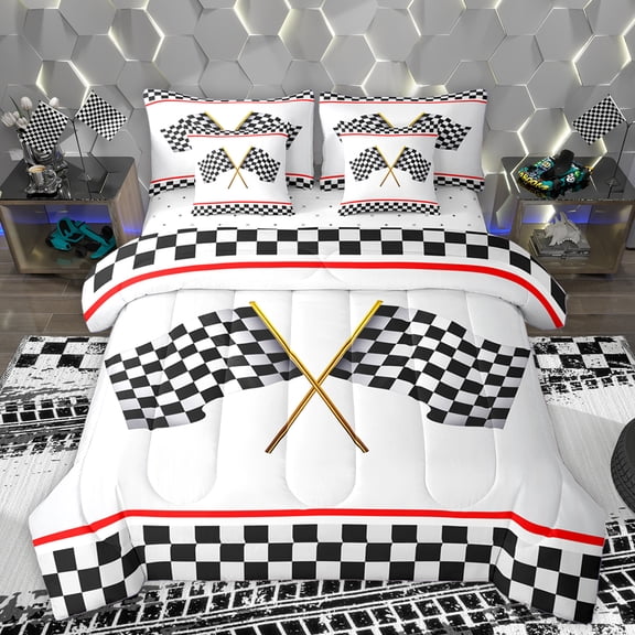 Homewish Race Flag 7-Piece Bedding Comforter Set,Modern Geometric Grid King Bedding Sets,White Black Red Bed Sheets For Teens,Microfiber Bedroom Decor Reversible