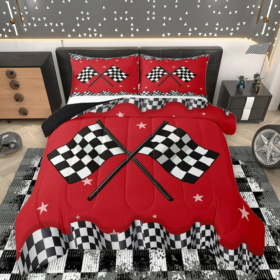 Homewish Raceing Flag Queen Comforter Set,Classic Checkerboard Bedding Sets,Red White Black Bedding Comforter Set For Boys Kids,Microfiber Bedroom Decor Reversible,3-Piece