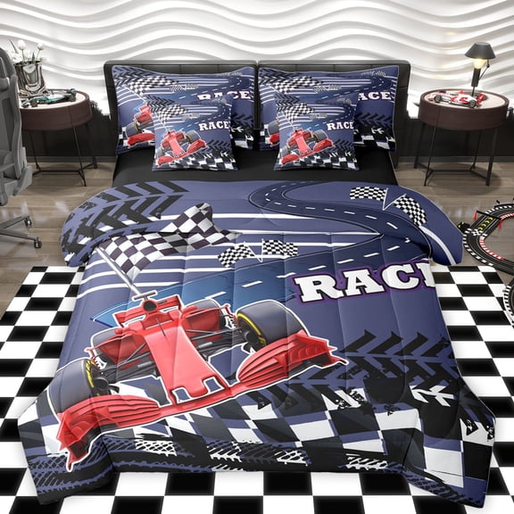 Homewish Racing Car 7-Piece Twin Bedding Sets,Speed Extreme Sport Bedding Comforter Set,White Black Ckeckered Flag Sheet Sets For Boys Kids,Breathable Home Decor Reversible
