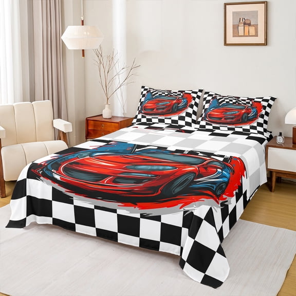 Homewish Racing Car Bed Sheets,Classic Checkered King Sheets,Extreme Sport Game Sheet Set For Boy Teens,Uxury Bedroom Decor,4 Pieces