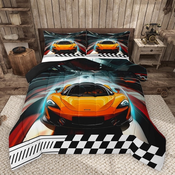 Homewish Racing Car Bedding Comforter Set 2pcs for Female Men Women,Geometric Plaid Grid Twin Comforter Sets Microfiber,Extreme Sport Breathable Bedding Set,Luxury Bedroom Decor,Reversible