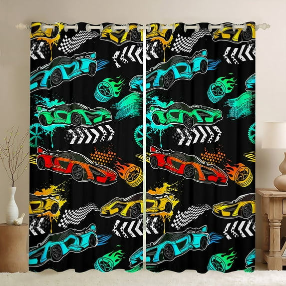 Homewish Racing Car Boys Blackout Curtains Set of 2 (52x84 Each), Watercolor Splatter Stripes Window Curtains, Extreme Sports Theme Curtains and Drapes, Window Curtains Home Decor