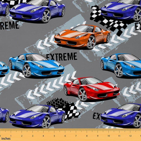 Homewish Racing Car Fabric by the Yard 2 Yard,Teens Extreme Sport Room Decor Fabric by the Yard,Blue Orange Purple Fabric for Sewing For Boys,Luxury Bedroom Decor