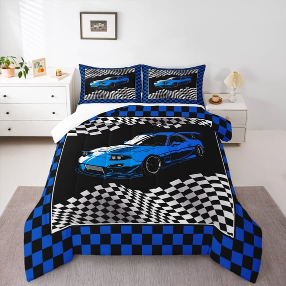 Homewish Racing Car Full Size Comforter Sets 3-Piece for Teens Boys Girls,Extreme Sport Bedding Comforter Set,Geometric Buffalo Plaid Lightweight Bedding Sets,Microfiber Bedroom Decor