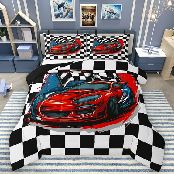 Homewish Racing Car Full Size Comforter Sets,Classic Checkered Bedding Comforter Set,Extreme Sport Game Bedding Sets For Boy Teens,Uxury Bedroom Decor Reversible,3pcs