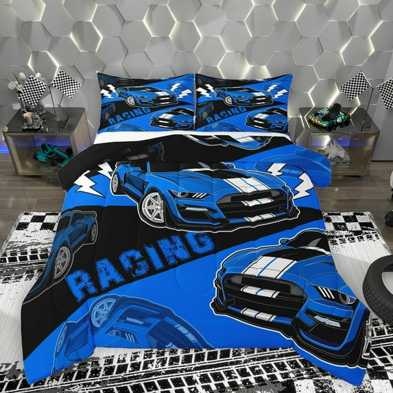 Homewish Racing Car Queen Comforter Set,Speed Extrame Sport Bedding Sets,Blue Black Bedding Comforter Set For Kids,Microfiber Bedroom Decor Reversible,3-Piece