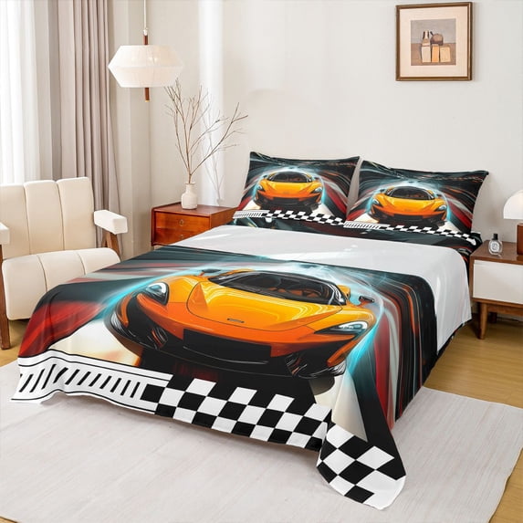 Homewish Racing Car Twin Sheet Sets 3pcs for Female Men Women,Geometric Plaid Grid Twin Fitted Sheet Microfiber,Extreme Sport Breathable Flat Sheet,Luxury Bedroom Decor