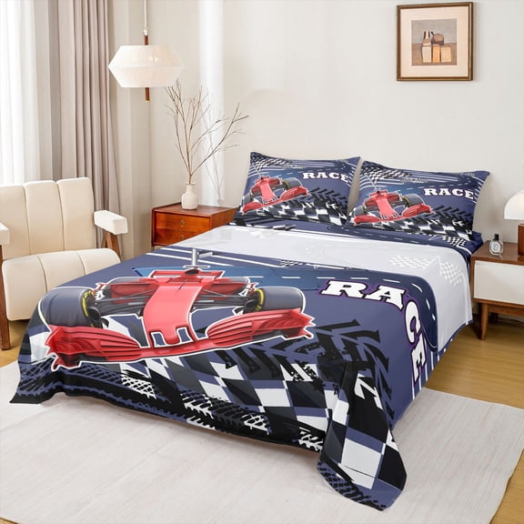 Homewish Racing Car Twin Sheet Sets,Speed Extreme Sport Twin Fitted Sheet,White Black Ckeckered Flag Flat Sheet For Boys Kids,Breathable Home Decor,3pcs