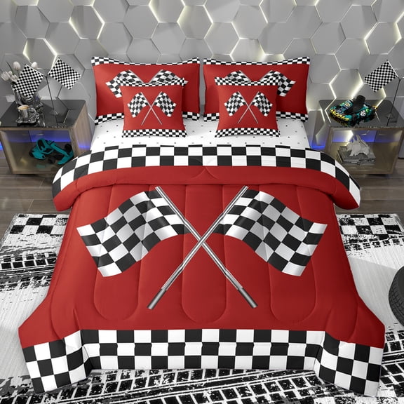 Homewish Racing Flag 7pcs Bedding Comforter Set,Classic Geometric Checkered Queen Bedding Sets,Red White Black Queen Sheet Sets For Boys Teens,Ultra Soft Home Decor Reversible
