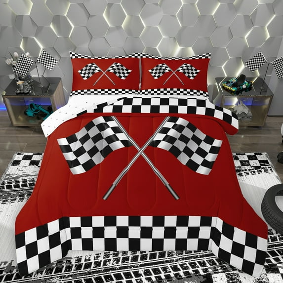 Homewish Racing Flag Bedding Comforter Set,Classic Geometric Checkered Twin Comforter Sets,Red White Black Bedding Set For Boys Teens,Ultra Soft Home Decor Reversible,2-Piece