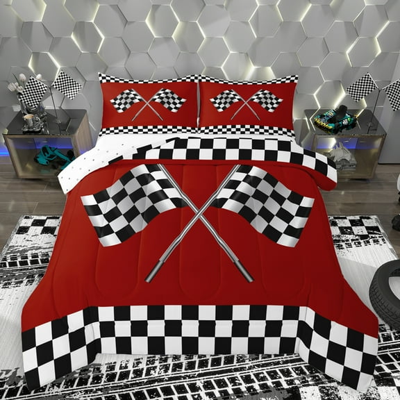 Homewish Racing Flag Bedding Comforter Set,Classic Geometric Checkered Twin Comforter Sets,Red White Black Bedding Set For Boys Teens,Ultra Soft Home Decor Reversible,2-Piece