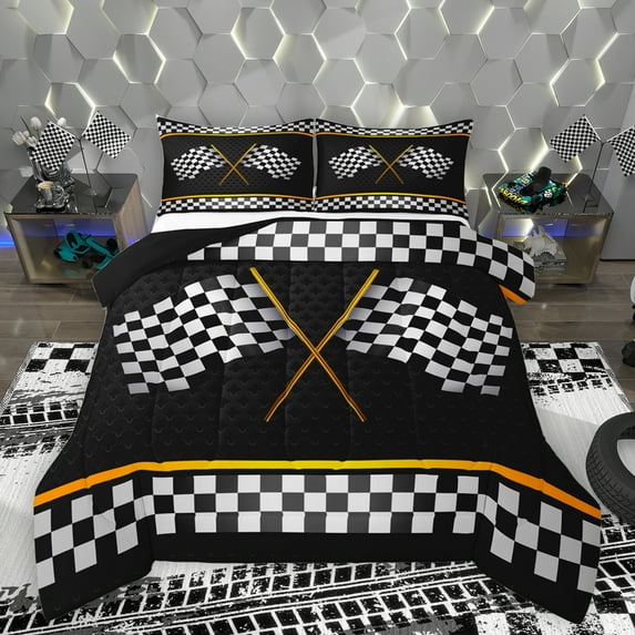 Homewish Racing Flag Full Size Comforter Sets,Extreme Sport Bedding Comforter Set,White Black Check Bedding Sets For Boys Kids,Luxury Bedroom Decor Reversible,3 Pieces