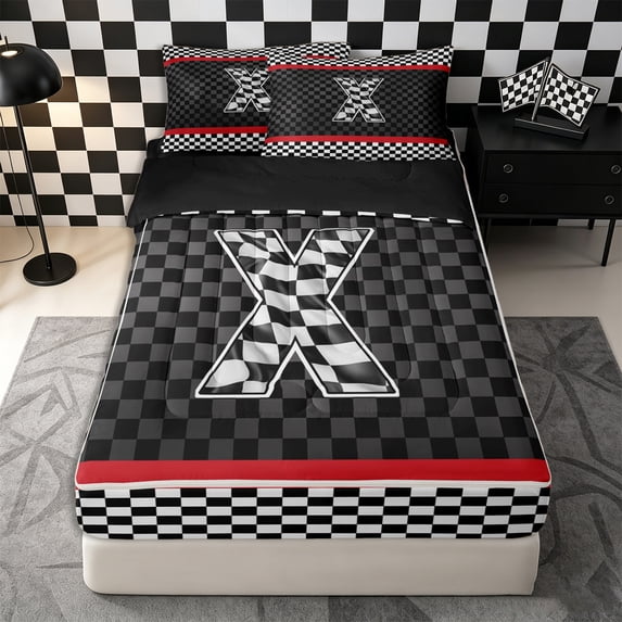 Homewish Racing Flag Zipper Full Size Comforter Sets with Fitted Sheet and 2 Pillowcases for Kids Boys, Monogrammed X Zipper Bedding Set,4pcs, Black Reversible