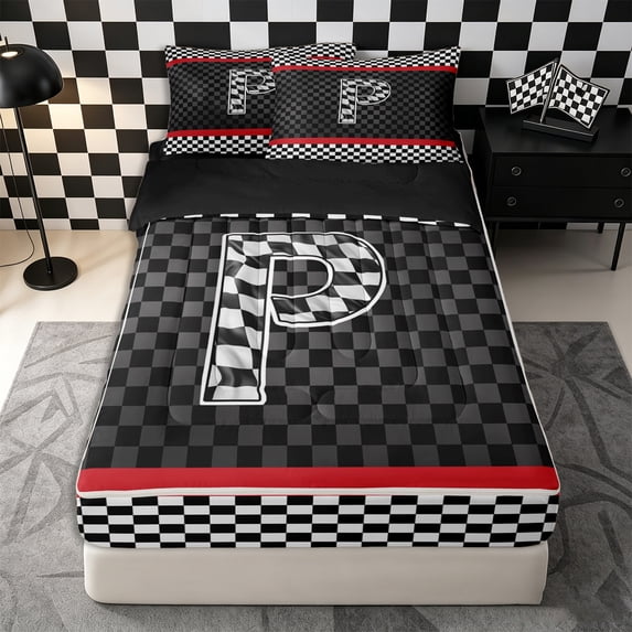 Homewish Racing Flag Zipper Twin Comforter Sets with Fitted Sheet and 2 Pillowcases for Kids Boys, Monogrammed P Zipper Bedding Set,4-Piece, Black Reversible