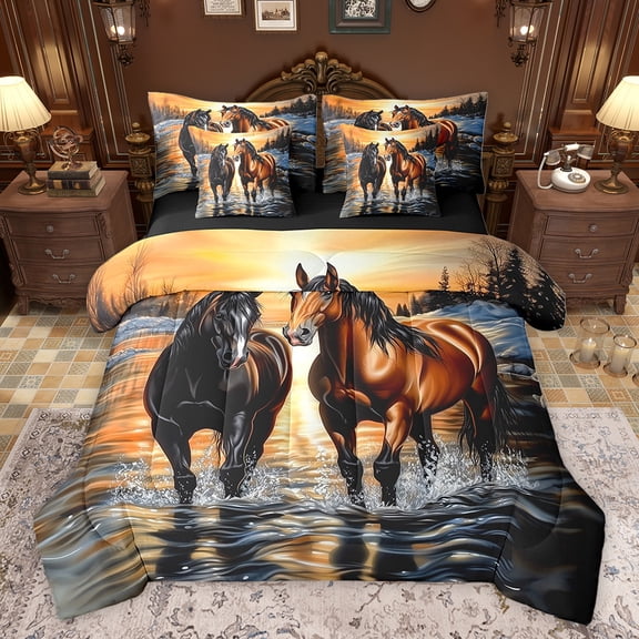 Homewish Racing Horse Men Twin Bedding Sets 7-Piece, Tribal Cowgirl Cowboy Bedding Comforter Set, Farmhouse Animal Reversible Sheet Sets, Luxury Bedroom Decor