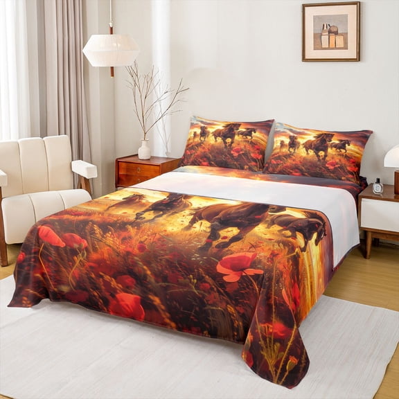 Homewish Racing Horse Men Twin Sheet Sets, Hippie Western Animal Twin Fitted Sheet, Vibrant Groovy Floral Flat Sheet, Ultra Soft Bedroom Decor, 3pcs