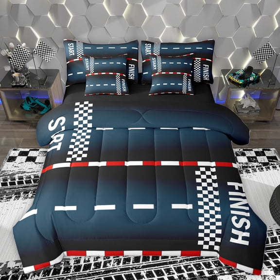 Homewish Racing Track 7 Pieces Bedding Comforter Set,Classic Geometric Checkered Full Bedding Set,Deepblue Black Fitted Sheet Flat Sheet For Boys Teens,Ultra Soft Home Decor Reversible