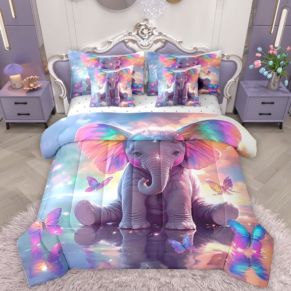 Homewish Rainbow Elephant 7-Piece Bedding Comforter Set,Colorful Chic Butterflies King Bedding Sets,Zoo Animal Bed Sheets For Boy Girls,Microfiber Bedroom Decor Reversible