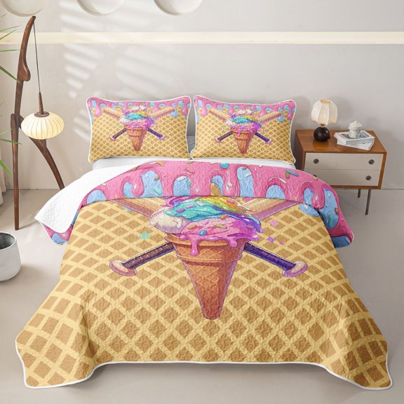 Homewish Rainbow Ice Cream Baseball Bat Print Quilt Full,Waffle Cone Full Bedspread Sets For Kids Girls,3pcs