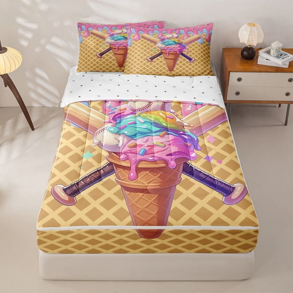 Homewish Rainbow Ice Cream Baseball Bat Print Zipper Twin Comforter Sets with Fitted Sheet and 2 Pillowcases,Waffle Cone Zipper Bedding Set For Kids Girls,Reversible,4-Piece
