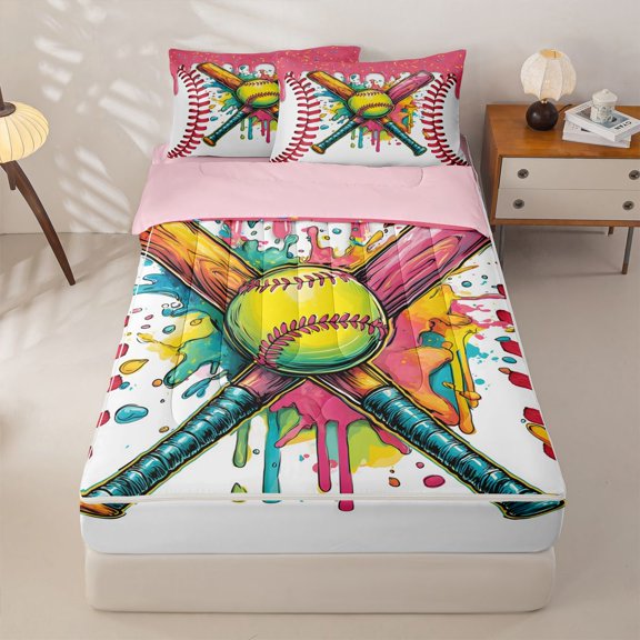 Homewish Rainbow Ice Cream Drip Zipper Twin Comforter Sets with Fitted Sheet and 2 Pillowcases,Graffiti Baseball Zipper Bedding Set,Pink Reversible,4-Piece