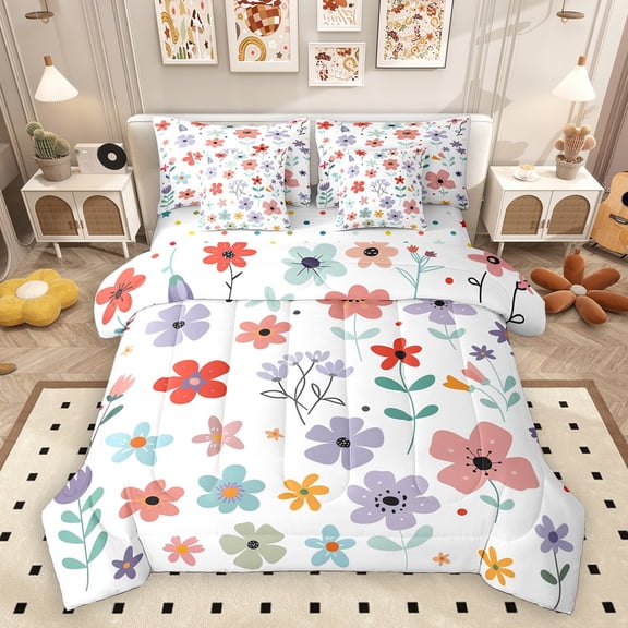 Homewish Rainbow Kawaii Daisy 7-Piece Twin Bedding Sets,Cartoon Flower Floral Bedding Comforter Set,White Blue Gray Sheet Sets For Teens,Breathable Home Decor Reversible
