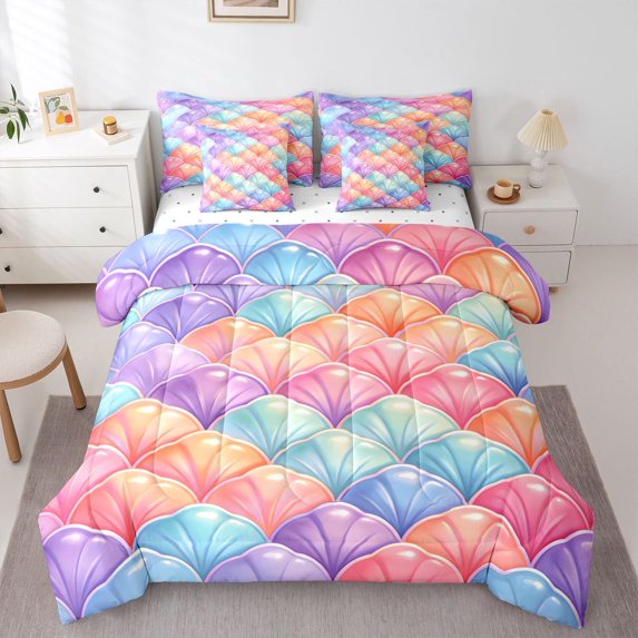 Homewish Rainbow Seashell 7 Pieces Full Size Bedding Sets For Girls,Coastal Beach Full Size Bed in a Bag,Reversible