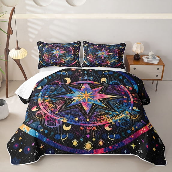 Homewish Rainbow Starry Night Quilt Full,Abstract Astrology Themed Full Bedspread Sets,Blue Pink,3-Piece