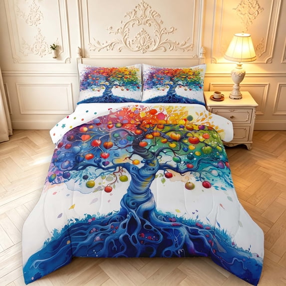Homewish Rainbow Tree Of Life Full Size Comforter Sets,Colorful Fruit Bedding Comforter Set,White Blue,Polkadot Reversible,3pcs,1 Comforter and 2 Pillowcases