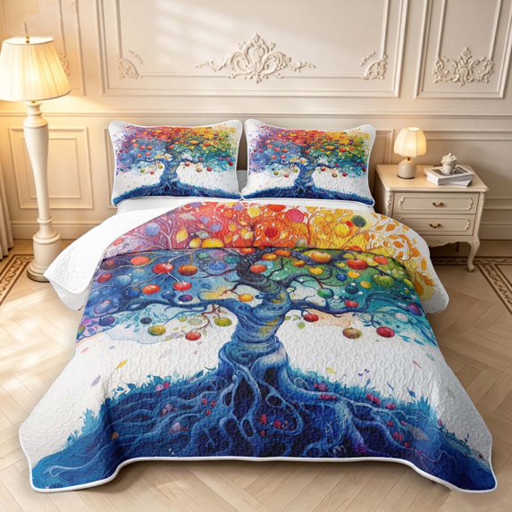 Homewish Rainbow Tree Of Life Twin Quilt Set,Colorful Fruit Twin Coverlet Set,White Blue,Polkadot Reversible,2 Pieces