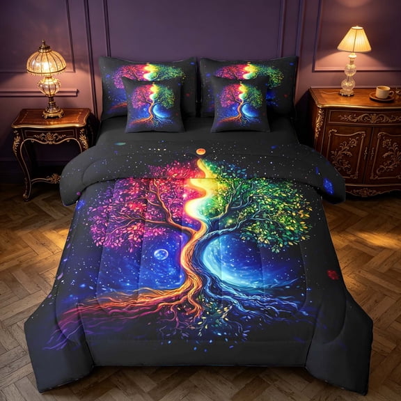 Homewish Rainbow Tree of Life Full Size Bedding Sets, Dreamy Galaxy Full Size Bed in a Bag, Black Reversible 7 Pieces