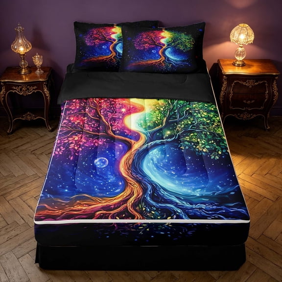 Homewish Rainbow Tree of Life Zipper Queen Comforter Set with Fitted Sheet and 2 Pillowcases, Dreamy Galaxy Zipper Bedding Set, Black Reversible