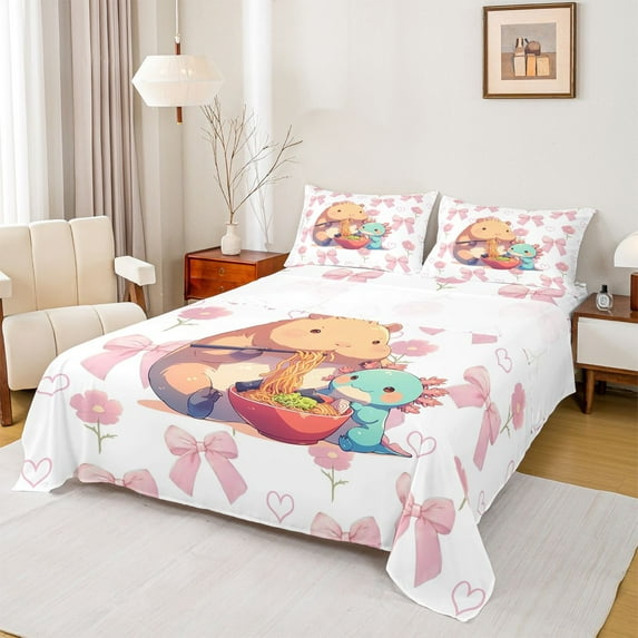 Homewish Ramen Capibara Axolotl Twin Sheet Sets, Kawaii Pink Bowknot Flower Twin Fitted Sheet, Cartoon Animal Lover Flat Sheet, Super Cozy Room Decor, 3-Piece