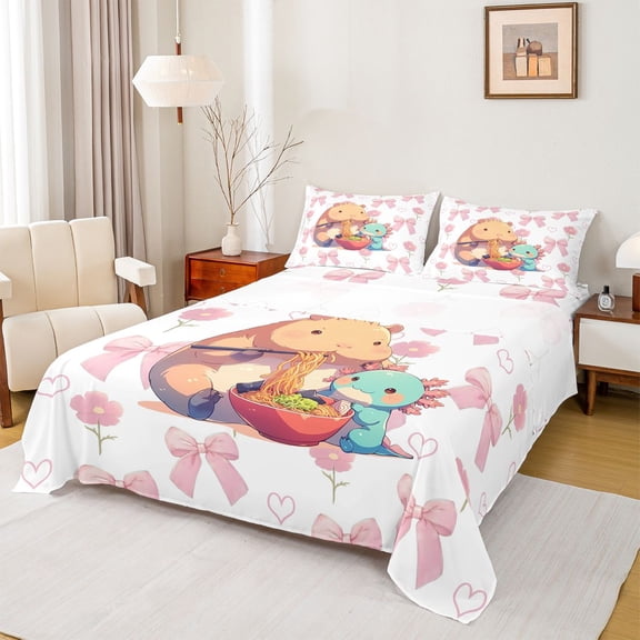 Homewish Ramen Capibara Axolotl Twin Sheet Sets, Kawaii Pink Bowknot Flower Twin Fitted Sheet, Cartoon Animal Lover Flat Sheet, Super Cozy Room Decor, 3-Piece