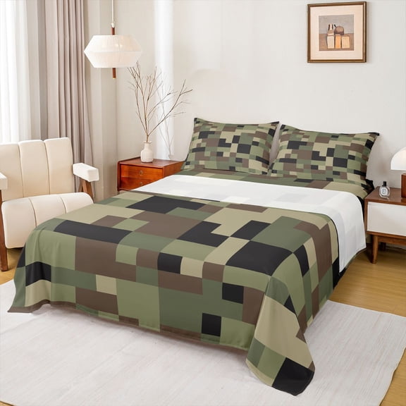 Homewish Rectangle Square Boys Full Size Sheets, Western Camo Print Bed Sheets, Vintage Olive Camoufalge Sheet Sets, Luxury Bedroom Decor, 4pcs