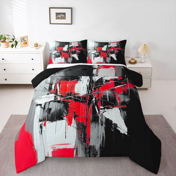 Homewish Red Abstract Print Queen Comforter Set,Aesthetic Geometric Comforter Sets Queen,Black Reversible,3 Pieces,1 Comforter and 2 Pillowcases