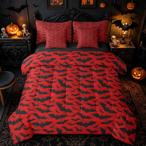 Homewish Red Bat Camo Print Full Size Bedding Sets for Kids, Halloween Flying Animal Full Size Bed in a Bag, Black Reversible, 7 Pieces
