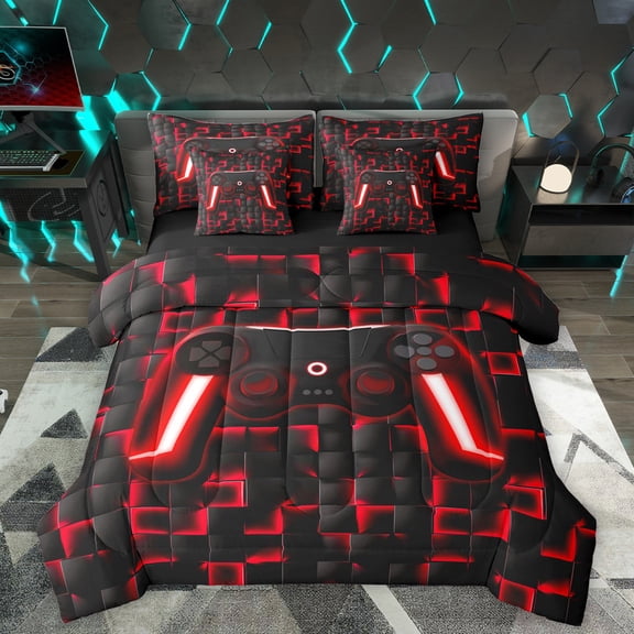 Homewish Red Black 7-Piece Bedding Comforter Set,Game Console King Bedding Sets,Gamer Gaming Bed Sheets For Boys,Breathable Bedroom Decorative Reversible