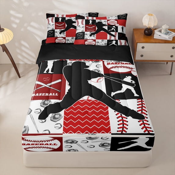 Homewish Red Black Baseball Patchwork Zipper Twin Comforter Sets with Fitted Sheet and 2 Pillowcases, Sport Zipper Bedding Set for Boys and Girls, Black Reversible, 4-Piece